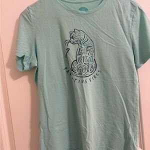 Life Is Good Aqua Short Sleeve Tee with pawsitive vibes Cat Graphic